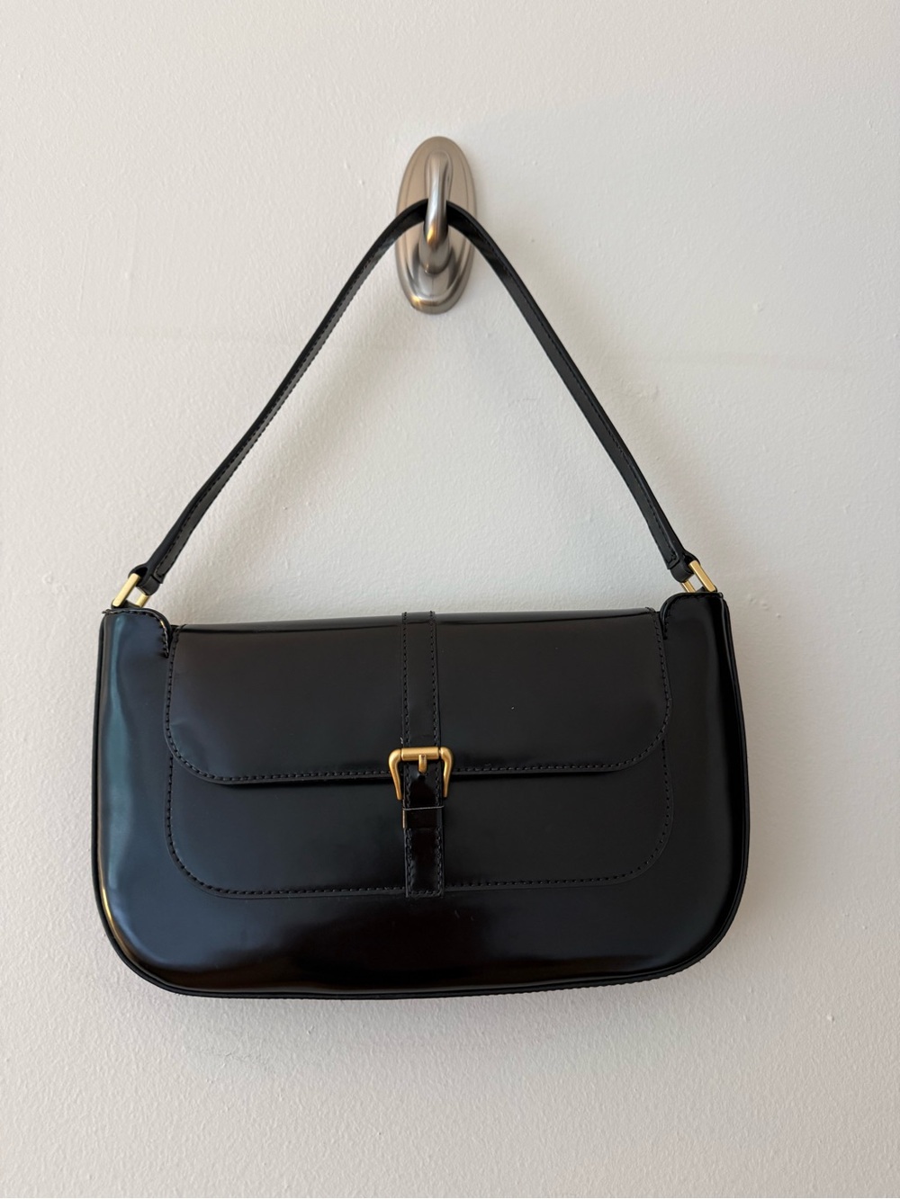BY FAR Black Miranda Leather Shoulder Bag with Gold Hardware
